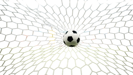 Soccer ball isolated on transparent background in a goal net close up view