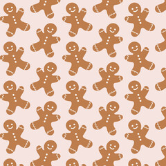 Seamless Christmas pattern with cute gingerbread man on soft pastel background. Cozy holiday design for wrapping paper, textile, wallpaper and festive packaging.