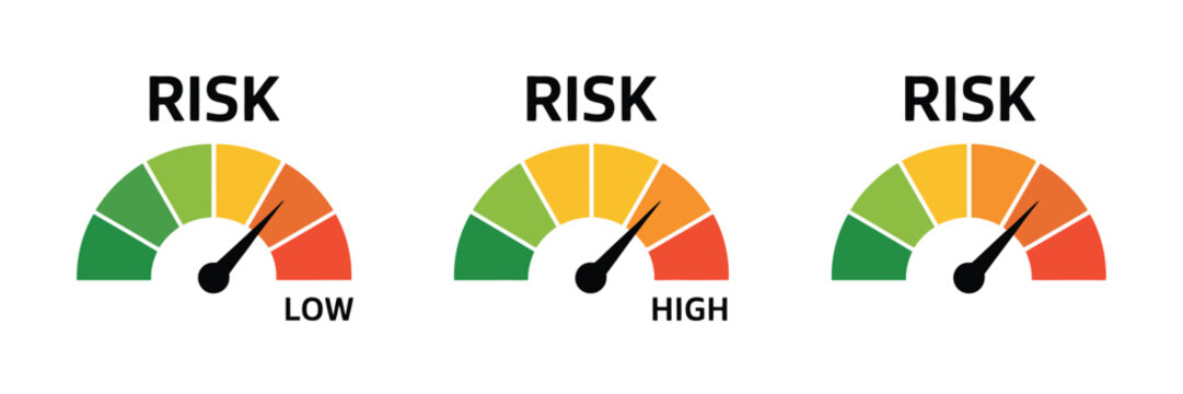 Risk meter icon set featuring speedometer vector gauges for low, medium, and high risk levels, minimum to maximum scale, performance measurement, ideal for financial analysis