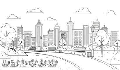 Naklejka premium a detailed black and white illustration depicts a sprawling cityscape with towering skyscrapers a park walkway and lush trees creating a serene urban landscape
