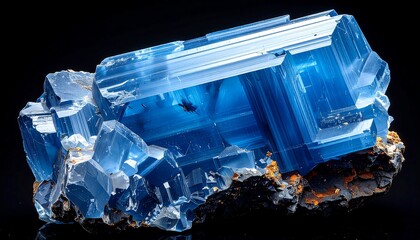 Linarite mineral specimen exhibiting a vibrant azure color and prismatic crystal structure on a dark matrix