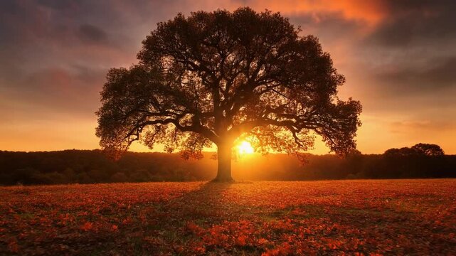 Big oak tree landscape on sunset