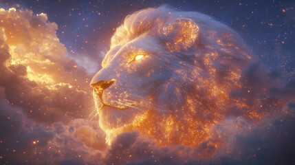 Lion-headed god, palette of twilight indigo, fiery coral, and shimmering gold, AI generated