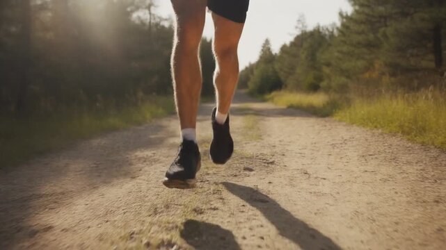 Close-up of legs of a male runner on a dirt road in the nature with sunlight. Outdoor trail .