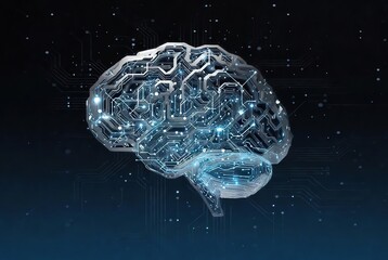 Digital brain processing information with glowing circuits and data streams