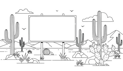 a simple line drawing depicts a desert landscape with cacti a blank sign and birds flying overhead creating a serene atmosphere high quality