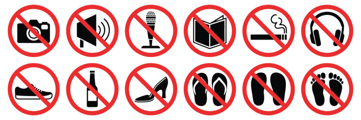 Prohibition icon collection, featuring flat red circle symbols for no camera, phone, food, pets, smoking, fire, noise, and additional restricted actions, perfect for public safety graphics