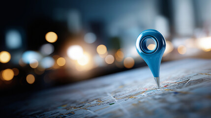 Light blue glassy map pin icon heavily defocused background location marker visualization geographic interface element navigation technology symbol digital mapping