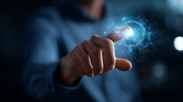 Faceless man using futuristic holographic interface heavily defocused background anonymous professional approving project digital transformation quality control business - Powered by Adobe