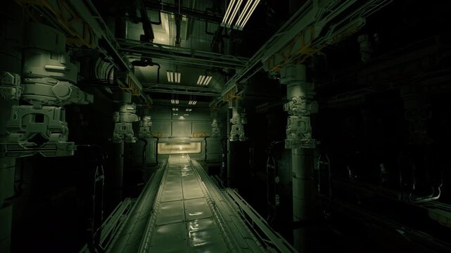 mechanical corridor during systems check with diagnostic lights and open access panels, methodical atmosphere of technical audit, green ambient glow