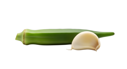 A single green okra pod with a peeled garlic clove, isolated on transparent background