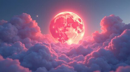 Fototapeta premium Vibrant pink moon glowing brightly in dreamy cloudy night sky