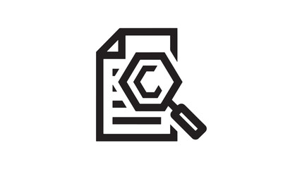 Document with magnifying glass and letter C in simple line art style with black color on white background for icon or logo