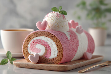 Delight in a beautiful roll cake adorned with pink and white cream decorations