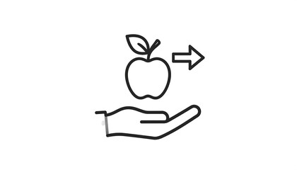 Fototapeta premium Line drawing hand offering an apple with a leaf, pointing right with an arrow icon. Simple, clean vector graphic
