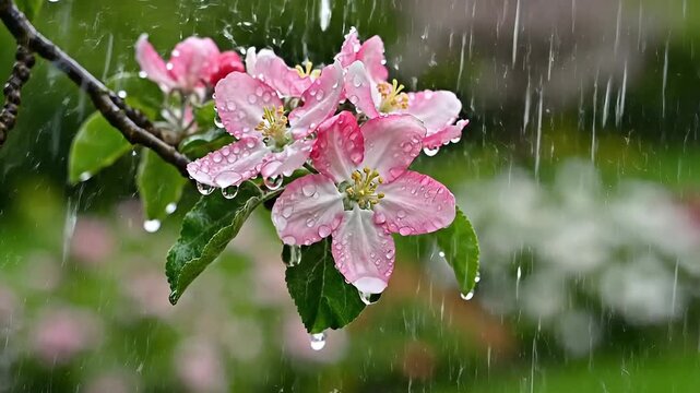 Closeup of delicate pink apple blossoms on a branch during a gentle spring rain shower.