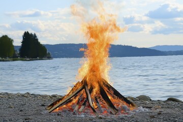 Fototapeta premium Vibrant beach bonfire by serene lake with mountains in background