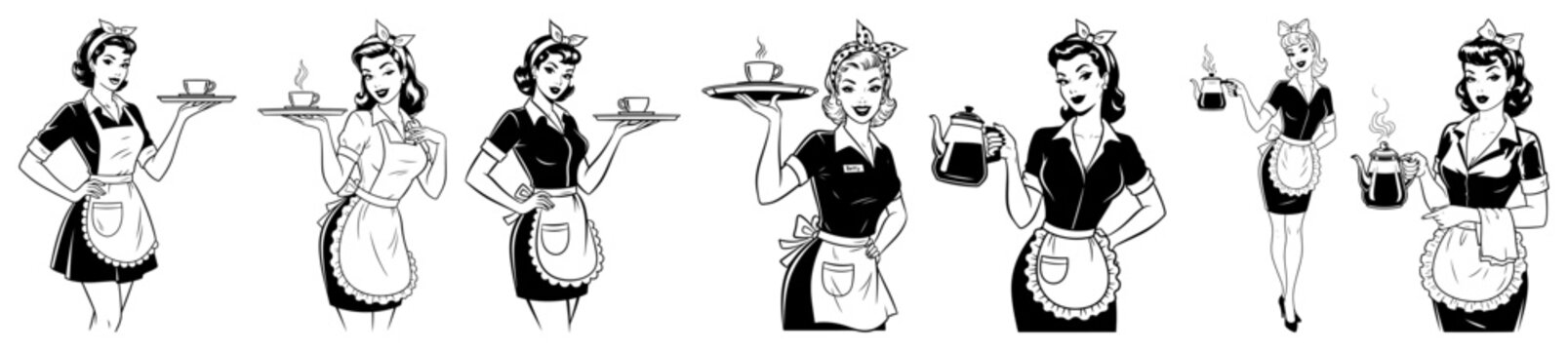 Set of retro waitress and maid characters vector illustration collection vintage 1950s style woman serving coffee