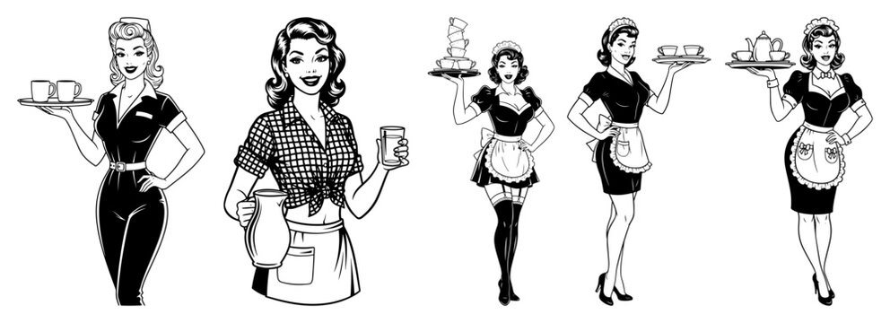 Collection of retro waitress and french maid vector characters vintage pinup woman in uniform serving drinks