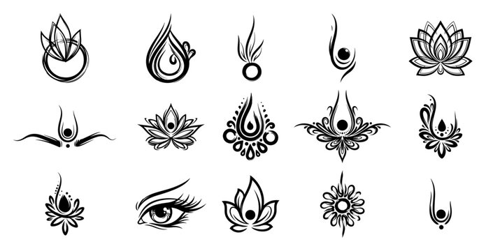 Set of spiritual Indian symbols Abstract henna and tilak style ornaments with lotus flower and eye icons Vector collection