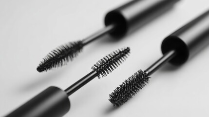High-quality close-up of black mascara wands on white background