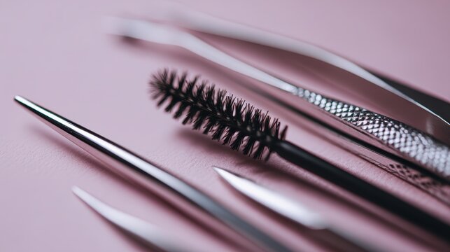 Close-up of beauty tools on pink background: tweezers, spoolie brush, and more