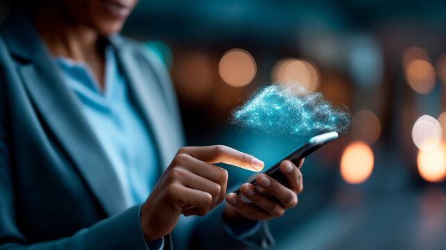 Seamless cloud data management on smartphone heavily defocused modern business technology background mobile interface connectivity digital storage access contemporary tech - Powered by Adobe