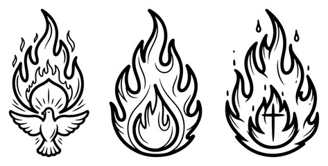 Set of christian religious symbols with holy spirit fire dove and cross vector icons collection