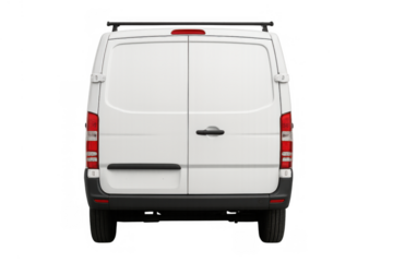 White modern cargo van isolated on a transparent background, showing the rear with closed doors and a roof rack
