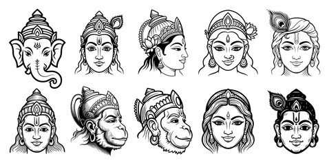 Set of Hindu Gods and Goddesses vector portraits line art illustration collection © Aisha Kudorova