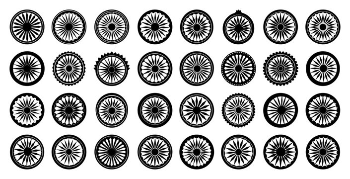 Ashoka Chakra icon set Indian national and buddhist dharma wheel symbol