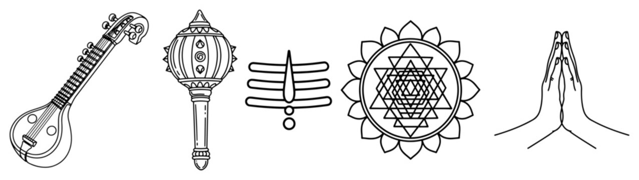 Hindu Spiritual Symbols Outline Icon Set Indian Religion and Culture Elements