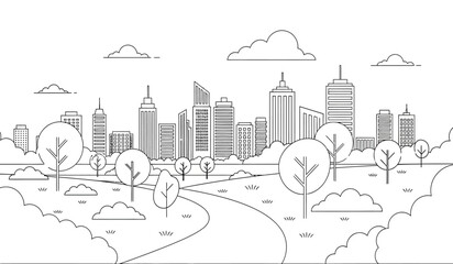 Fototapeta premium an illustrative skyline depicts a modern city with tall buildings a winding path trees and fluffy clouds above presented in a simple black and white