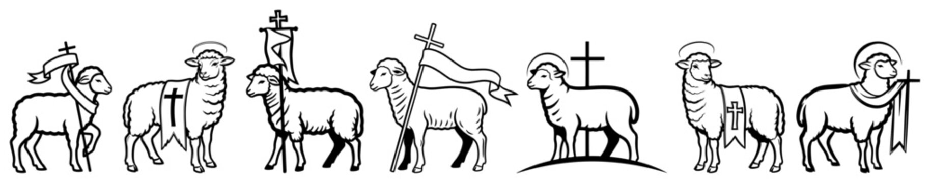 Set of Lamb of God Agnus Dei vector icons Christian Easter symbol collection