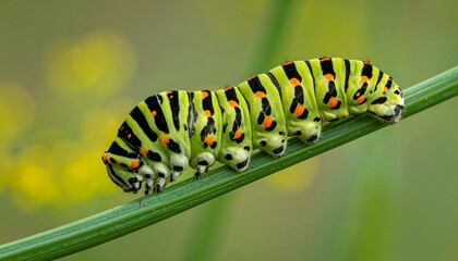 Green caterpillar with black stripes and orange spots crawls across a thin green plant stem on a blurred background