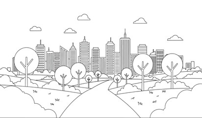 Obraz premium a detailed black and white line drawing depicts a sprawling cityscape with tall buildings and trees alongside a winding path high quality professional