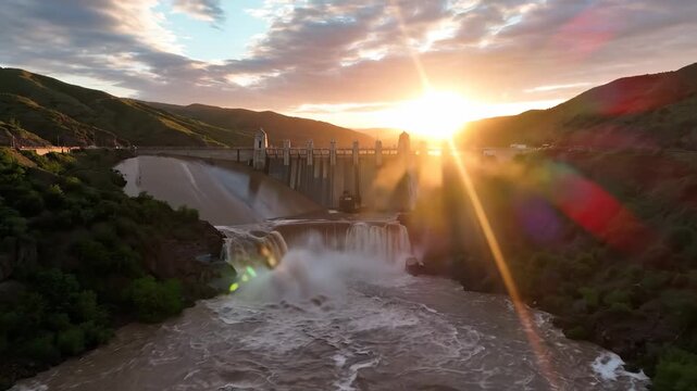 A dam releases water into a river as the sun sets behind the mountains, creating a reflective glow on the water's surface. The dam, water, and sunset harmonize in this serene landscape.