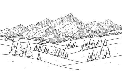 Fototapeta premium a detailed black and white sketch showcases a picturesque mountain range with snow covered peaks and lush evergreen trees in a valley landscape
