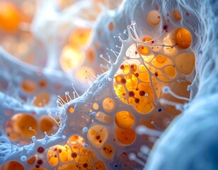 Intricate, porous structure with orange spheres. White, tendril-like filaments link the elements. Soft lighting. Airy, abstract design