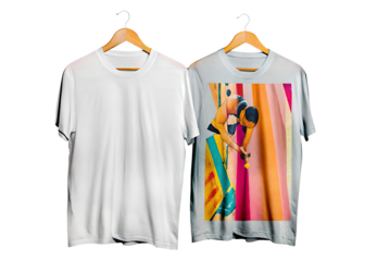 Two blank white t shirts hanging on hangers one with a colorful abstract design isolated on white background