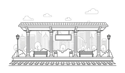 Fototapeta premium a detailed line drawing depicts a bus stop shelter with benches amidst a city skyline showcasing a simple yet elegant urban scene