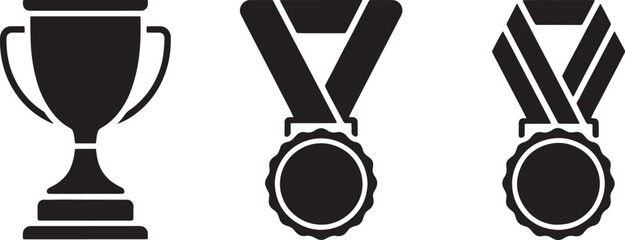 Trophy, Medal and Award Icons Set – Achievement, Winner, Champion and Success Symbol Vector Illustration