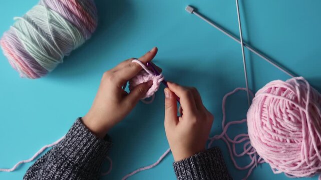 Flatlay: Women's hands knitting a handmade item with crochet hooks and pink fluffy yarn on a bright blue background. Concept of creativity, relaxation, and hobby.