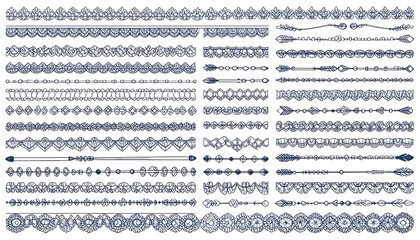Intricate, repeating, linear designs fill a white space, creating ornamental borders and decorative elements in indigo ink