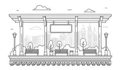 a detailed black and white line drawing depicts an empty bus stop with a city skyline visible in the background featuring benches and street lamps © rsvect02