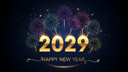 The 2029 New Year's celebration features vibrant fireworks exploding in the night sky with a festive Happy New Year message.