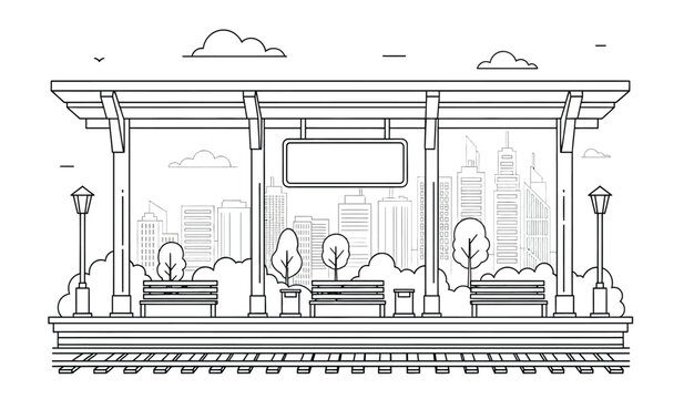 a detailed black and white line drawing depicts an empty bus stop with a city skyline visible in the background featuring benches and street lamps