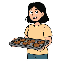Illustration of woman holding a baking tray with freshly baked chocolate chip cookies