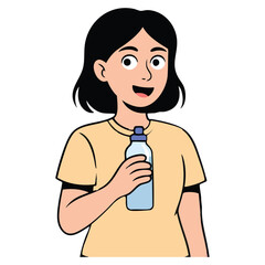 Illustration of woman holding a water bottle, illustration of hydration and health