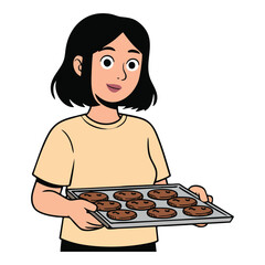 Illustration of woman holding a tray of freshly baked chocolate chip cookies